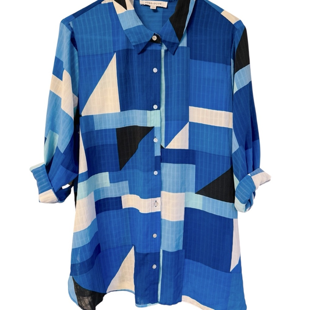Rose & Olive Blue Geometric Button-Up Blouse